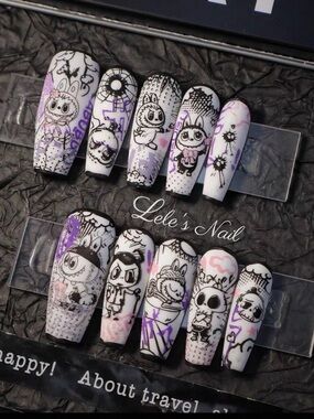 Handmade Labubu Character Press-On Nails Black White Purple Size S